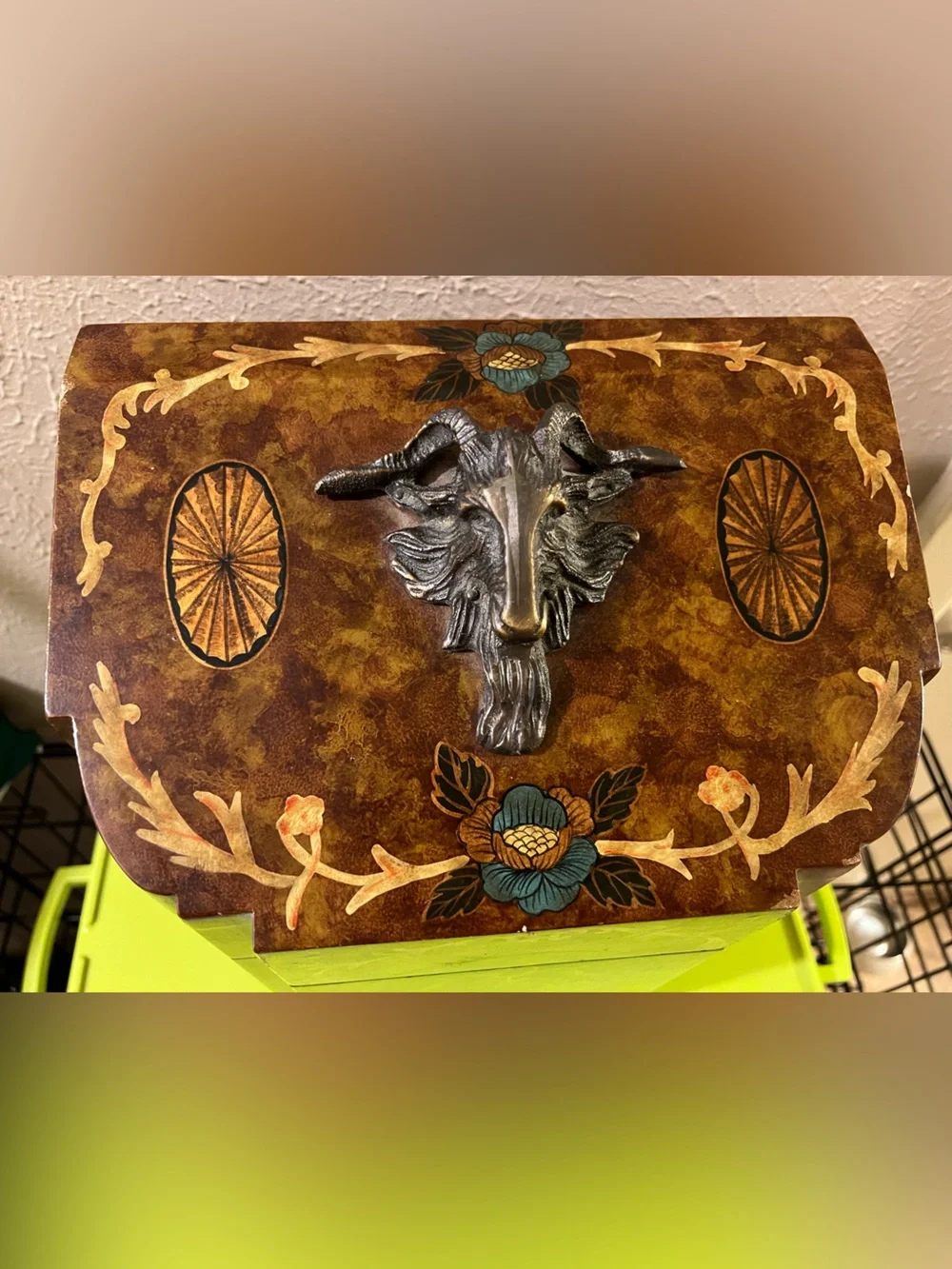 Castilian Imports Inc. No. 7926  Wood Decorative Storage Box Bronze Ram’s Headh